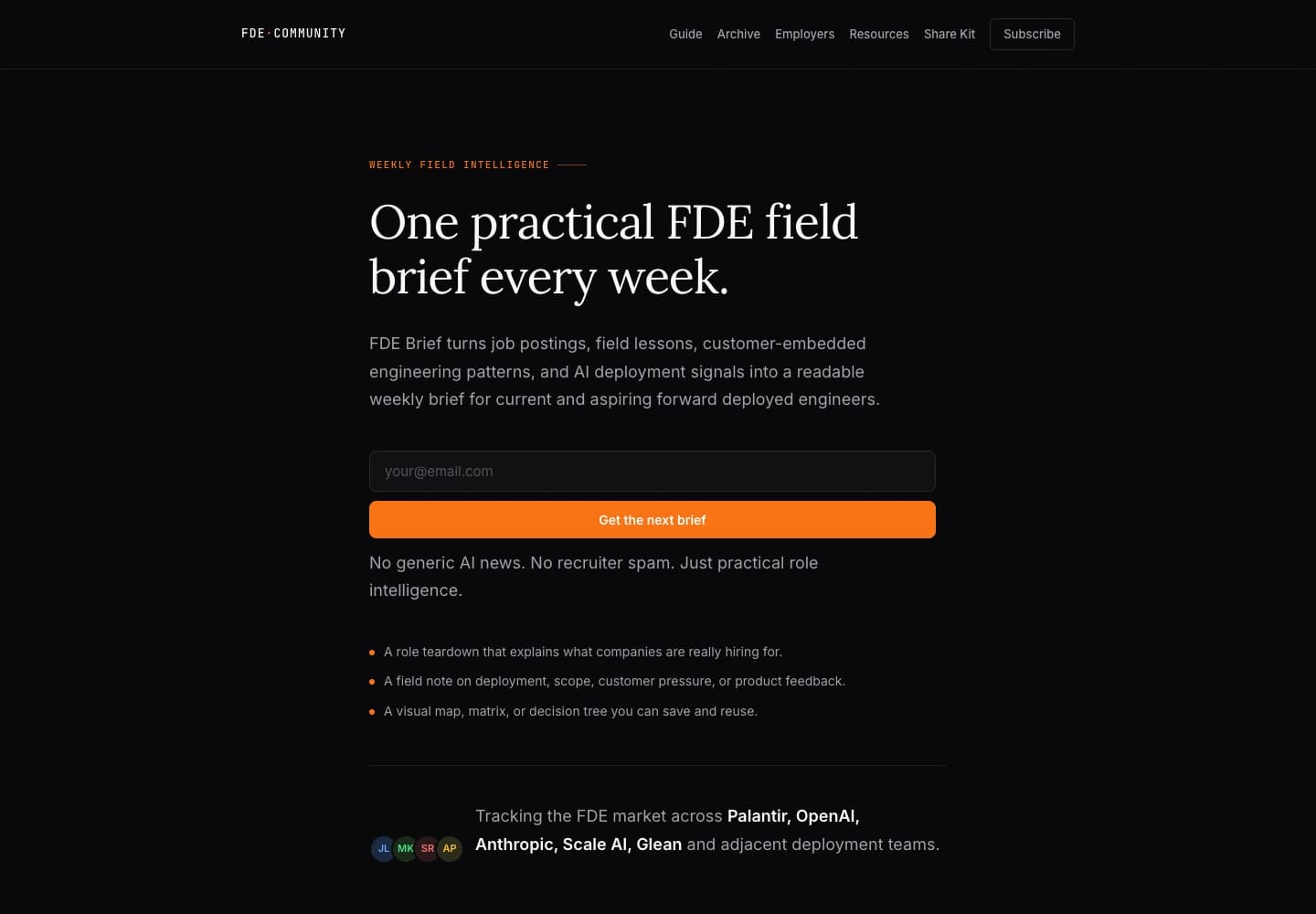 FDE Brief website showing its publication and resources for forward deployed engineers.